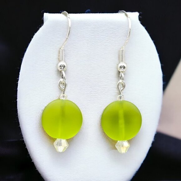 Green Circle Sea Glass Earrings Handmade - Picture 1 of 5
